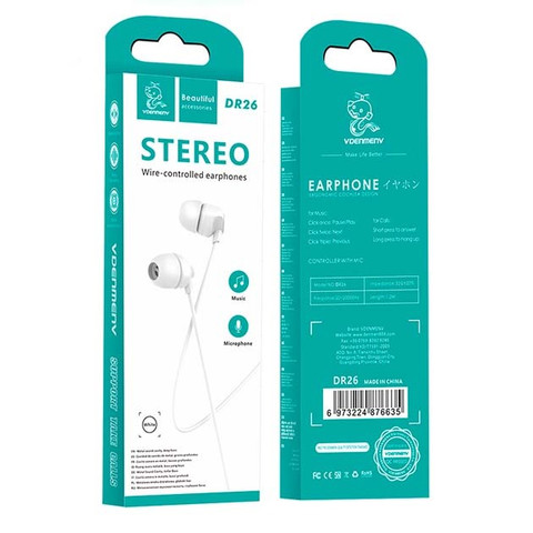 Vdenmenv DR26 3.5mm Earphones with Mic Stereo White