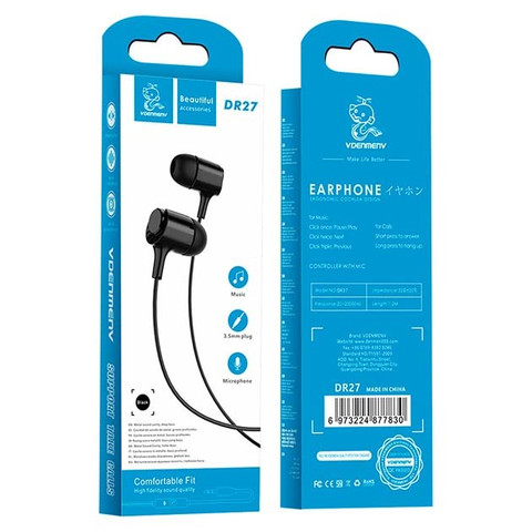 Vdenmenv DR27 3.5mm Earphones with Mic Stereo Black