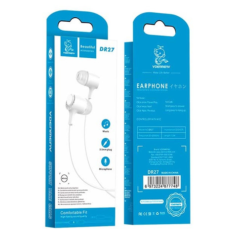 Vdenmenv DR27 3.5mm Earphones with Mic Stereo White